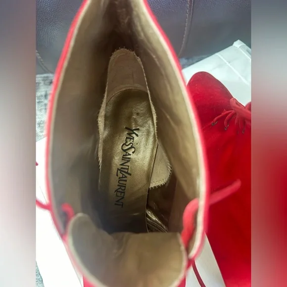 Vintage Yves Saint Laurent Red Satin Lace-Up Ankle BootsItalyBlock Heel